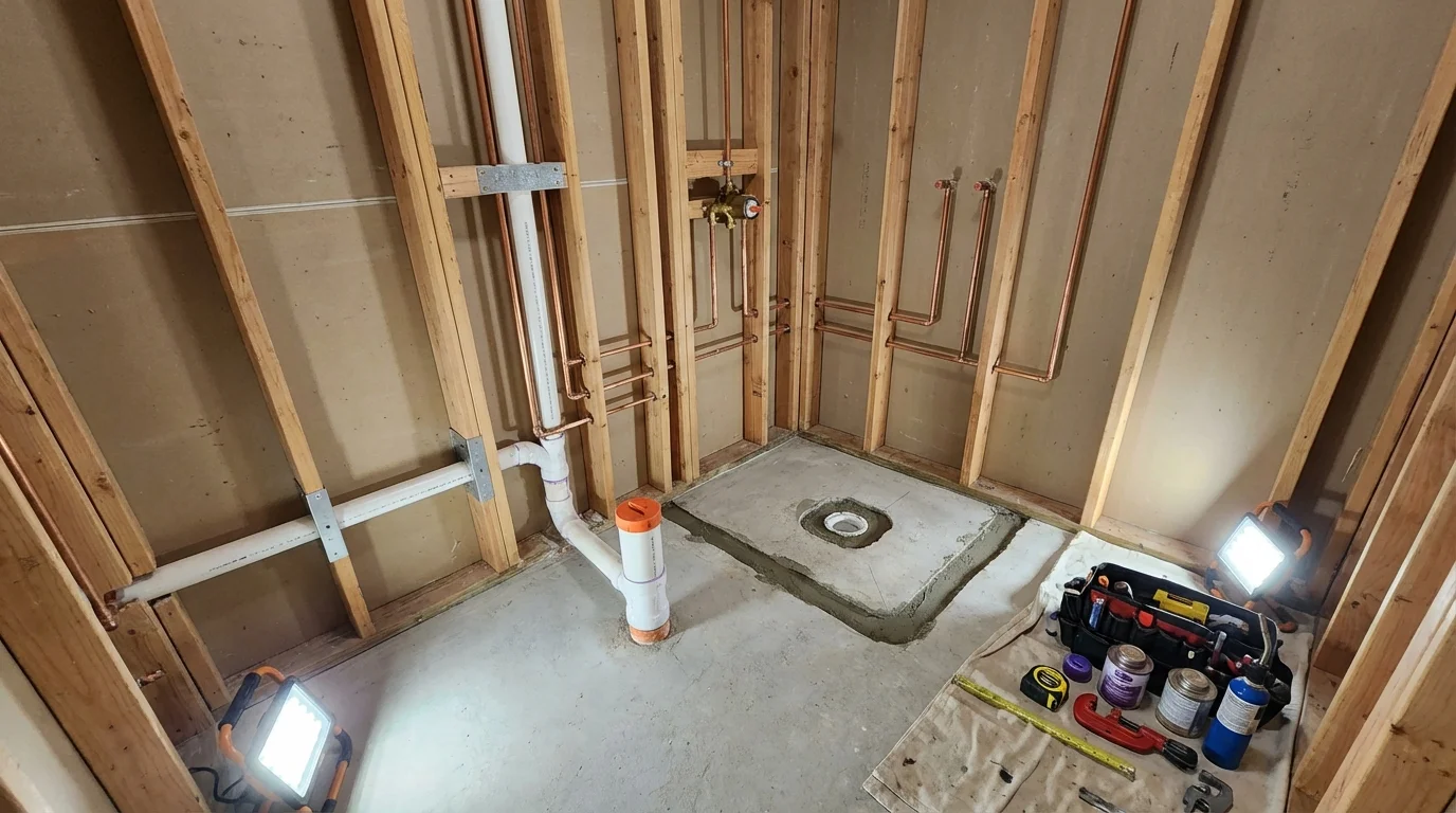 Bathroom rough-in plumbing during remodel by Johns Plumbing LLC in Scott