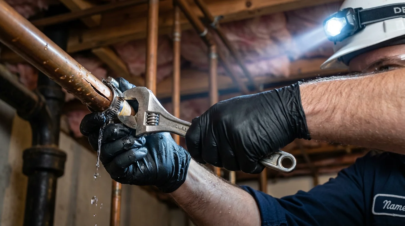 Emergency pipe clamp repair being performed by a Johns Plumbing LLC plumber in Scott