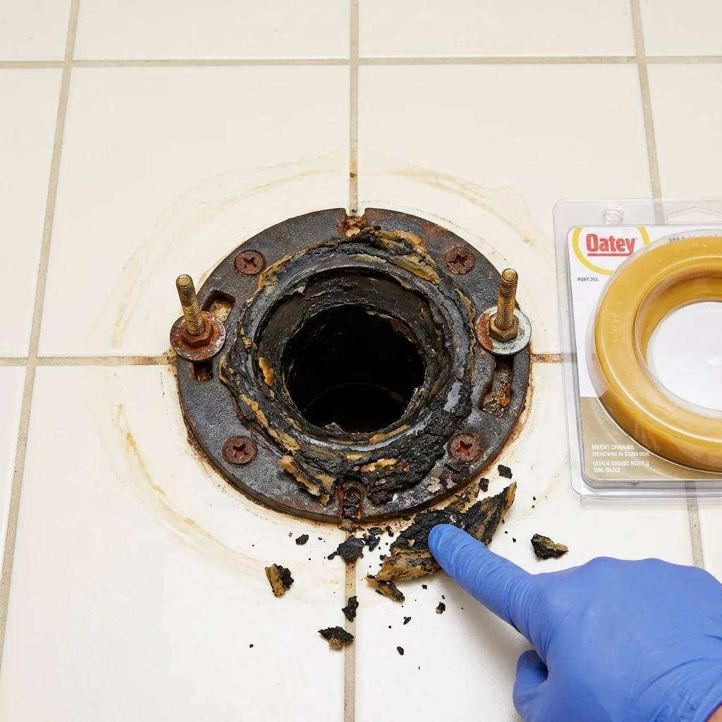 Failed wax ring showing water seepage at the base of a toilet in a Scott, LA home